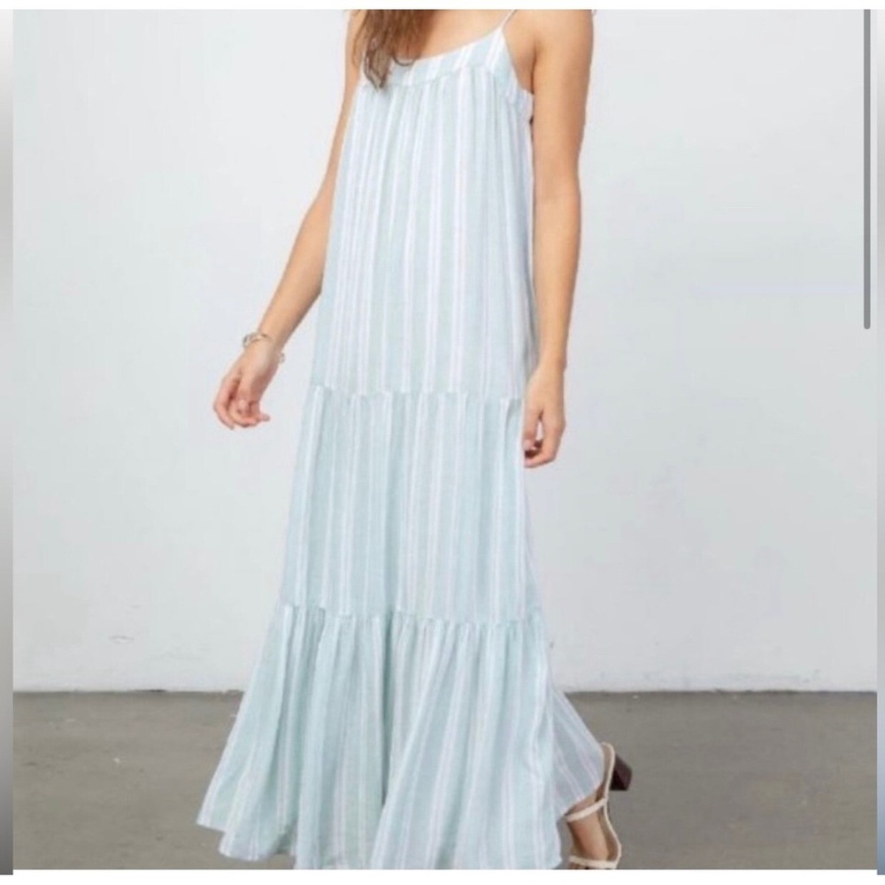 Rails Sage Green White Striped Linen Blend Tiered Maxi Dress Large